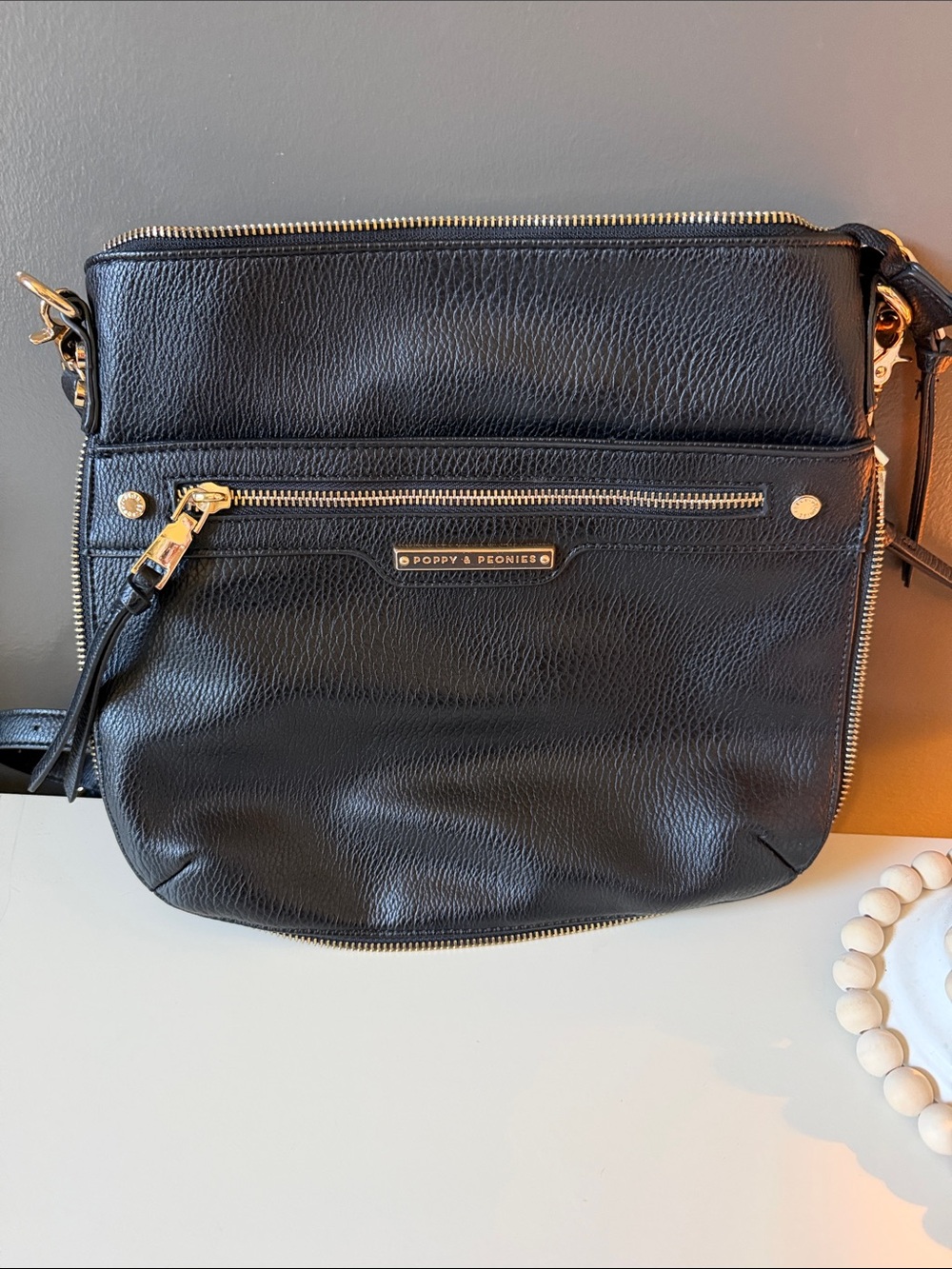 Poppy & Peonies Black Pebbled Leather Crossbody with Gold Hardware
